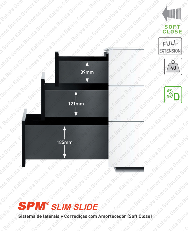 Sistema de laterais com corredi�as Soft-Close para gavetas e gavet�es / Extra��o total / 40kg